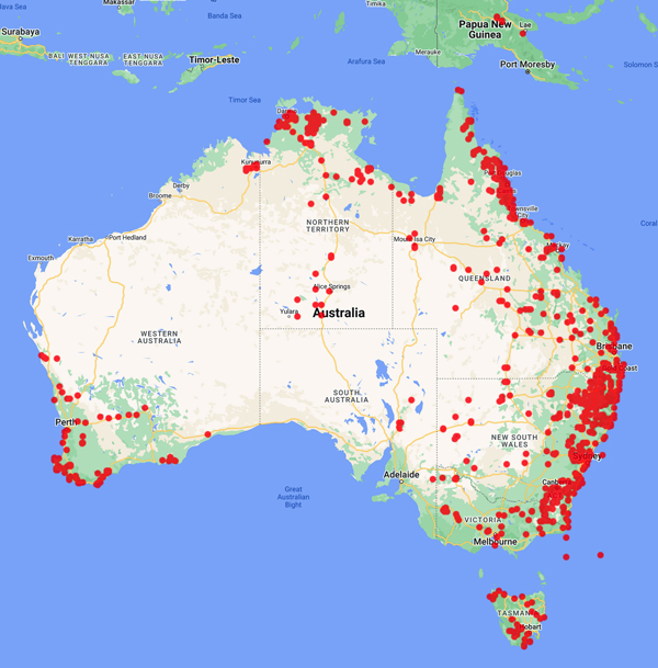collecting locality Aust. map for 'Bruhl, J.J.'