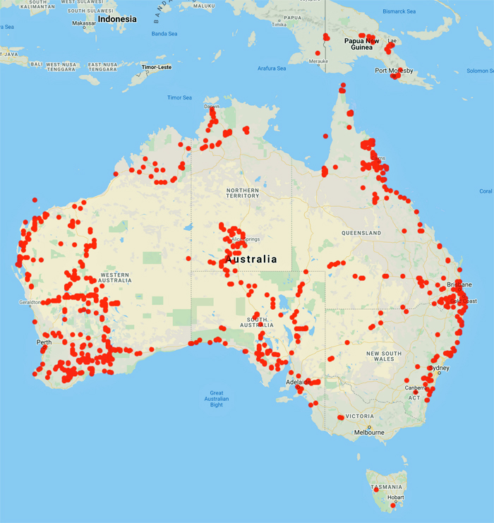 collecting locality Aust map for 'Barlow, B.A.'