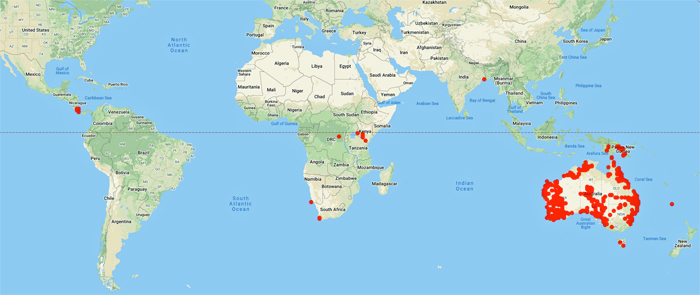 collecting locality world map for 'Barlow, B.A.'