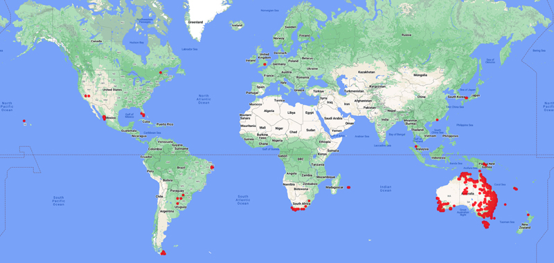 collecting locality world map for 'Bruhl, J.J.'