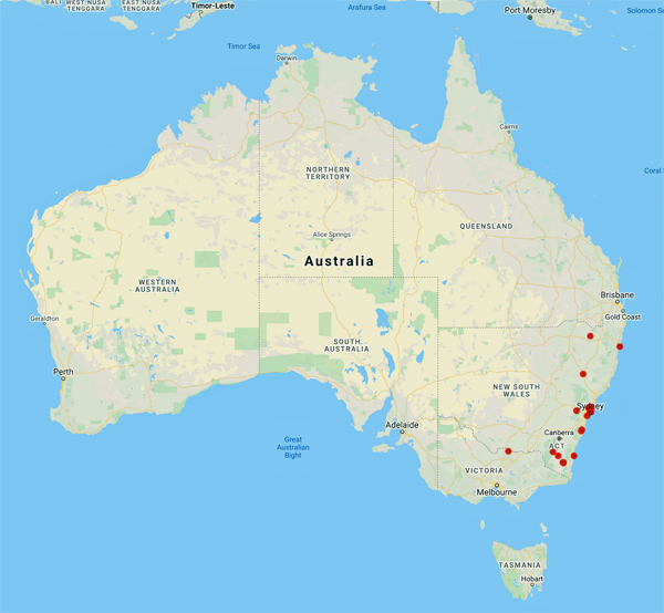 collecting locality map for 'Peacock, W.J.'