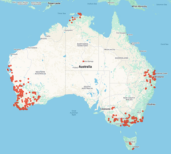 Aust collecting locality map for 'Ross, J.H.'